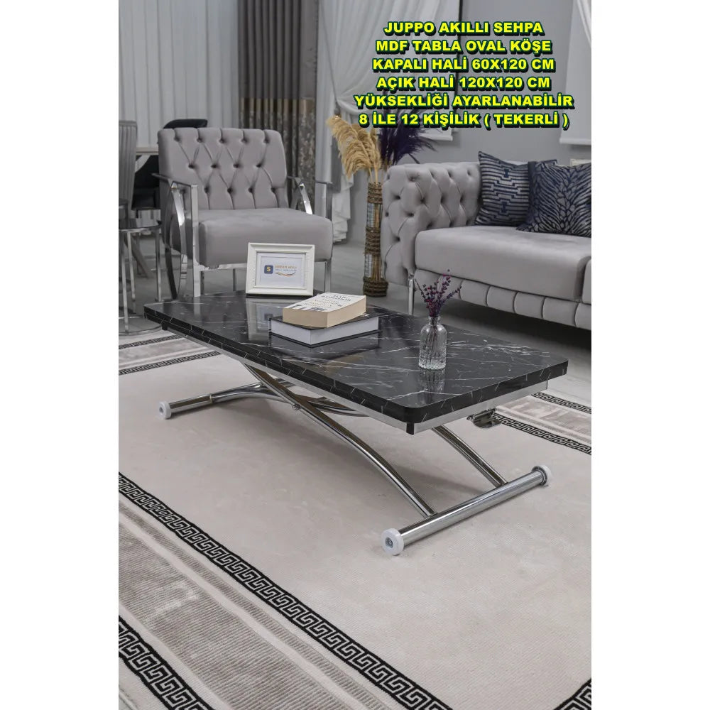 Juppo Üst Tabla Mdf Siyah Mermer Oval Köşe Alt Ayak Yuvarlak Krom Kaplama Dışa Kıvrım