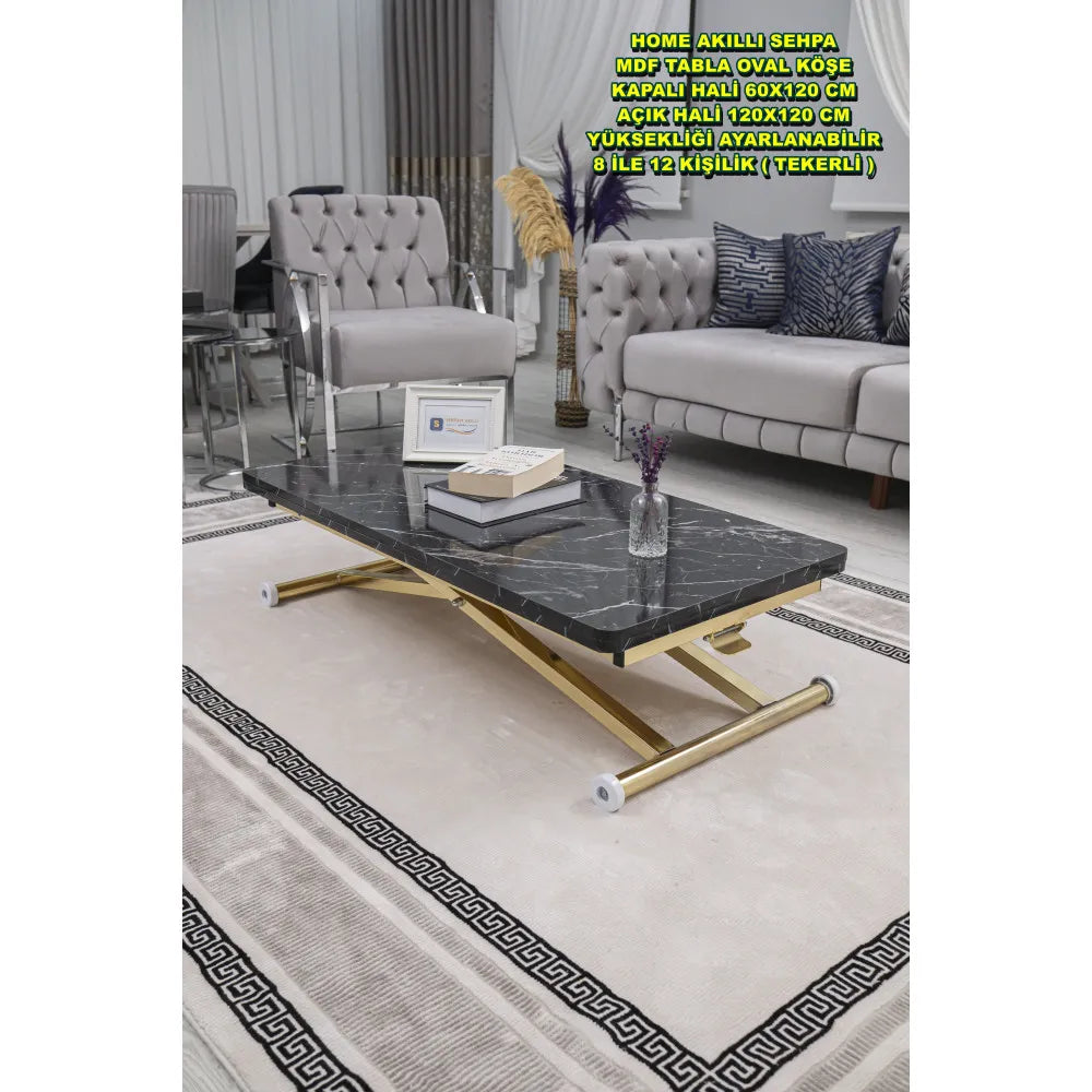 Home Üst Tabla Mdf Siyah Mermer Oval Köşe Alt Ayak Gold Kaplama