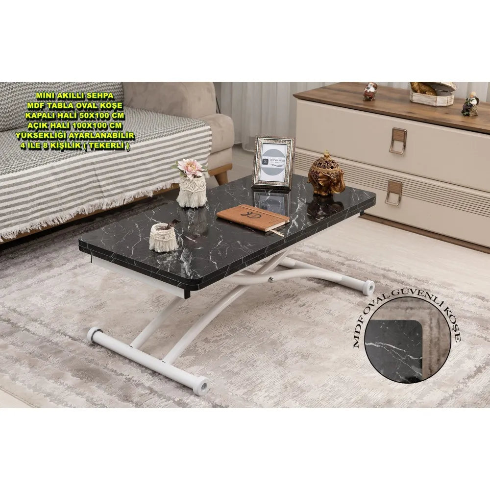 Mini Juppo Dışa K Akıllı Sehpa Üst Tabla Mdf Siyah Mermer Oval Köşe Alt Ayak Beyaz Renk