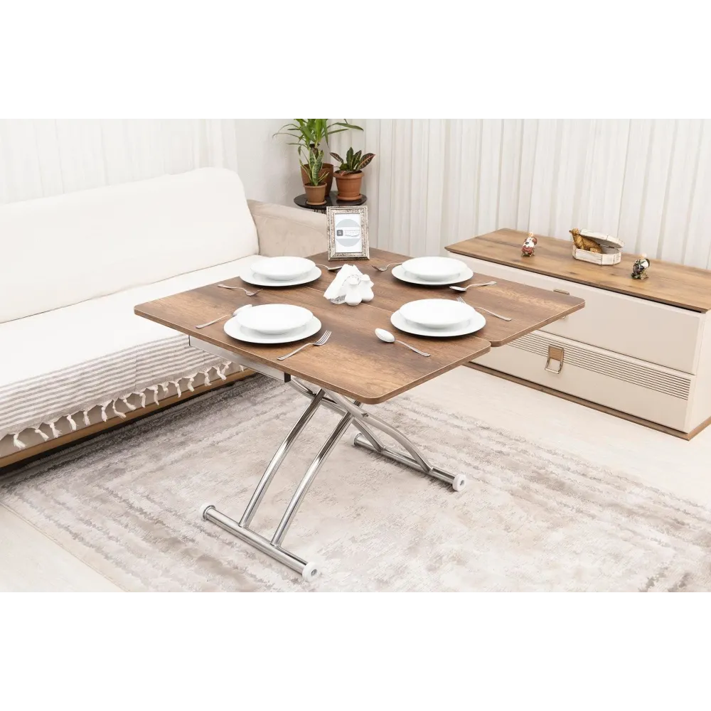 Mini Juppo Dışa K Akıllı Sehpa Üst Tabla Mdf Barok Koyu Ceviz Oval Köşe Alt Ayak Krom Kaplama