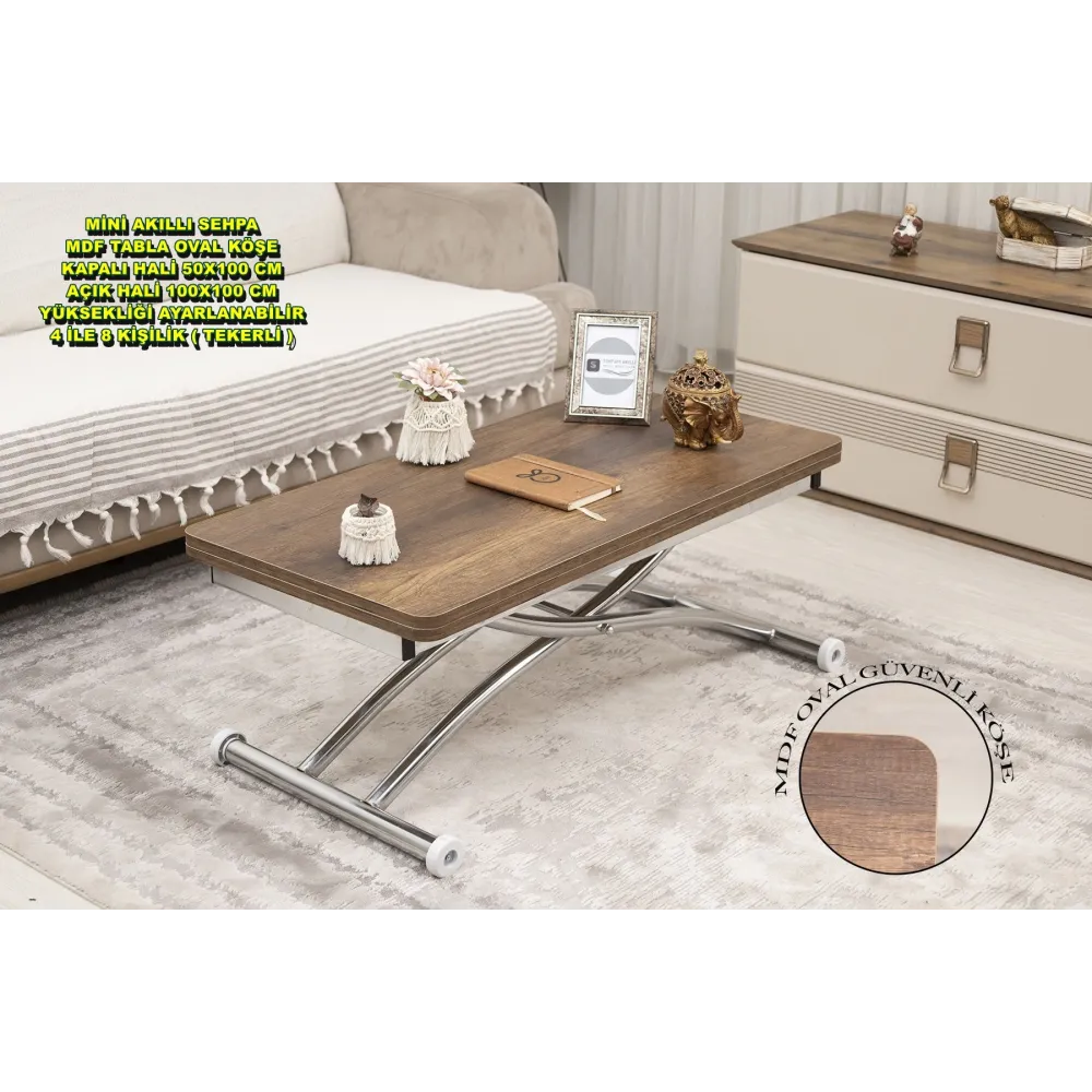 Mini Juppo Dışa K Akıllı Sehpa Üst Tabla Mdf Barok Koyu Ceviz Oval Köşe Alt Ayak Krom Kaplama