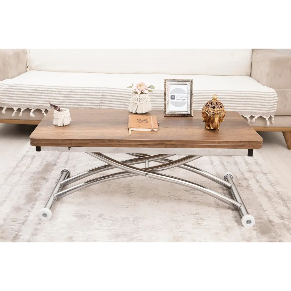 Mini Juppo Dışa K Akıllı Sehpa Üst Tabla Mdf Barok Koyu Ceviz Oval Köşe Alt Ayak Krom Kaplama