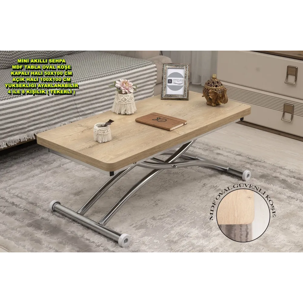 Mini Juppo Dışa K Akıllı Sehpa Üst Tabla Mdf VeliMeşe Oval Köşe Alt Ayak Krom Kaplama