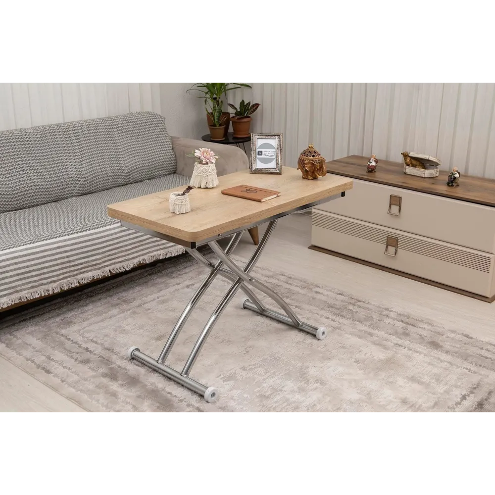 Mini Juppo Dışa K Akıllı Sehpa Üst Tabla Mdf VeliMeşe Oval Köşe Alt Ayak Krom Kaplama