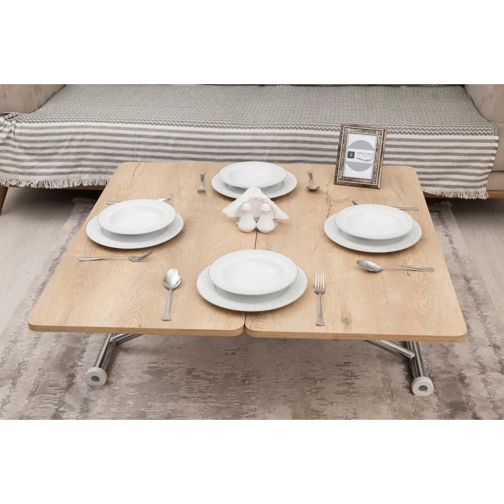 Mini Juppo Dışa K Akıllı Sehpa Üst Tabla Mdf VeliMeşe Oval Köşe Alt Ayak Krom Kaplama