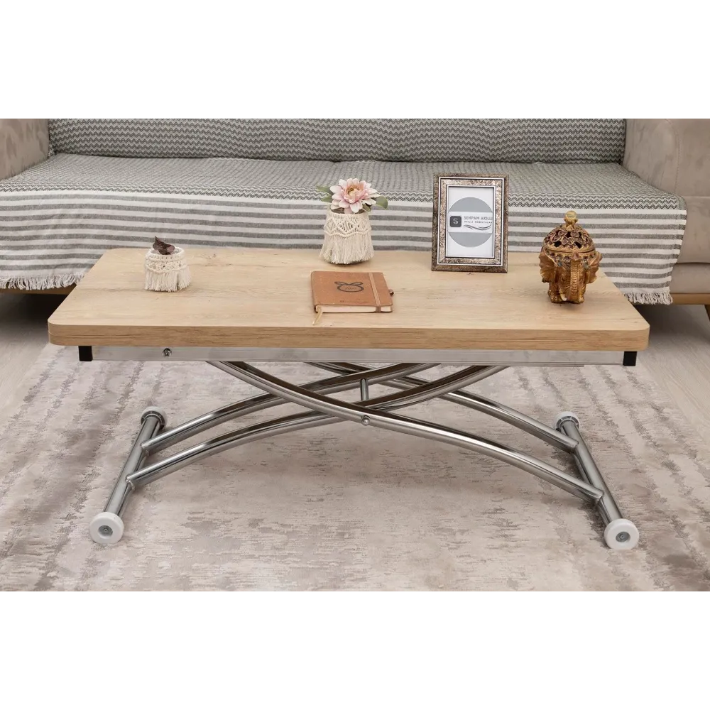 Mini Juppo Dışa K Akıllı Sehpa Üst Tabla Mdf VeliMeşe Oval Köşe Alt Ayak Krom Kaplama