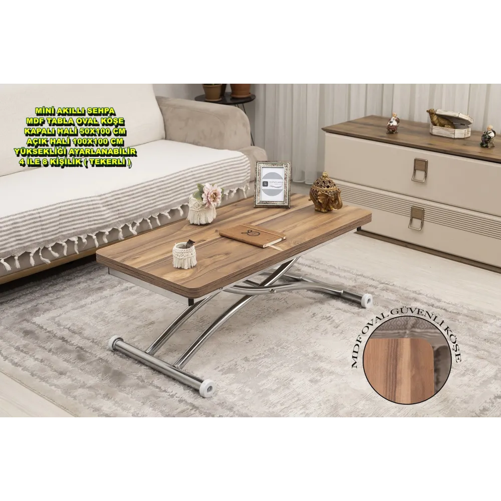 Mini Juppo Dışa K Akıllı Sehpa Üst Tabla Mdf Urartu Oval Köşe Alt Ayak Krom Kaplama