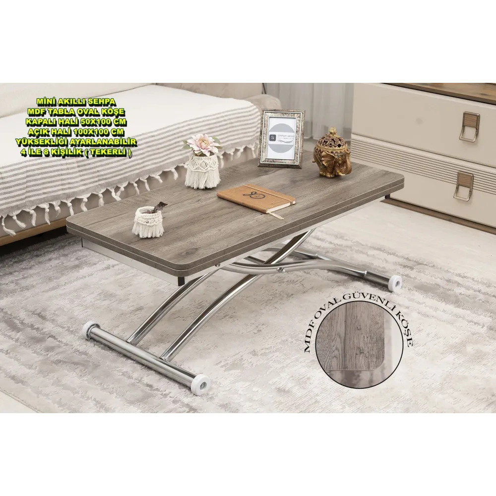 Mini Juppo Dışa K Akıllı Sehpa Üst Tabla Mdf Hattuşa Oval Köşe Alt Ayak Krom Kaplama