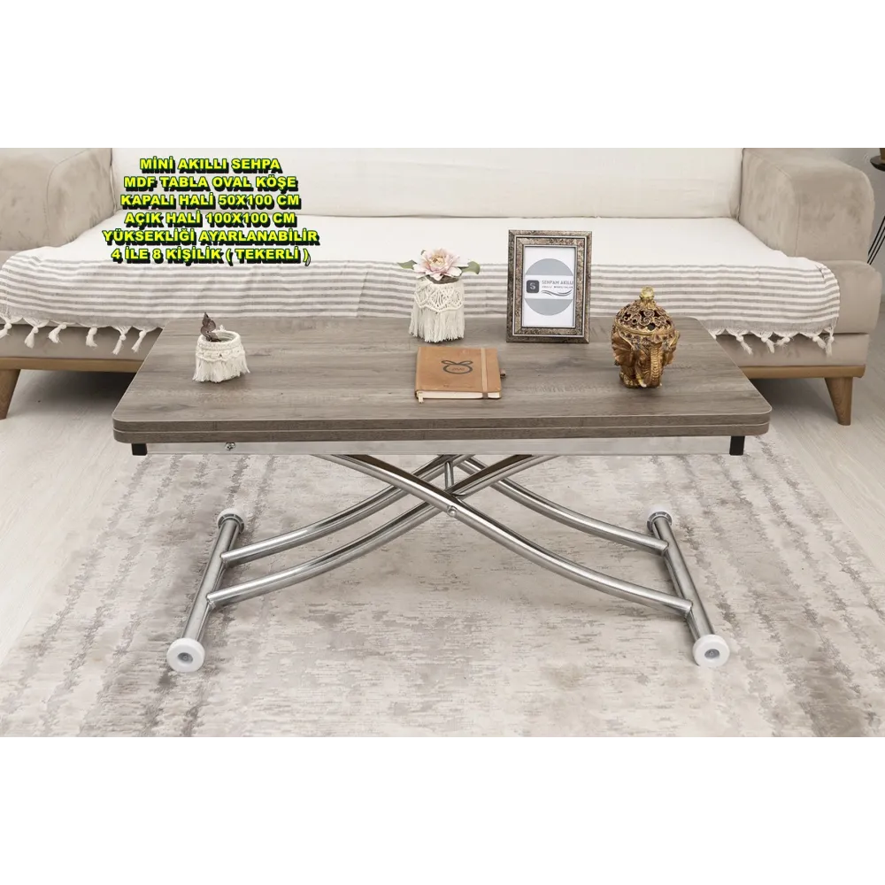 Mini Juppo İçe K Akıllı Sehpa Üst Tabla Mdf Hattuşa Oval Köşe Alt Ayak Krom Kaplama
