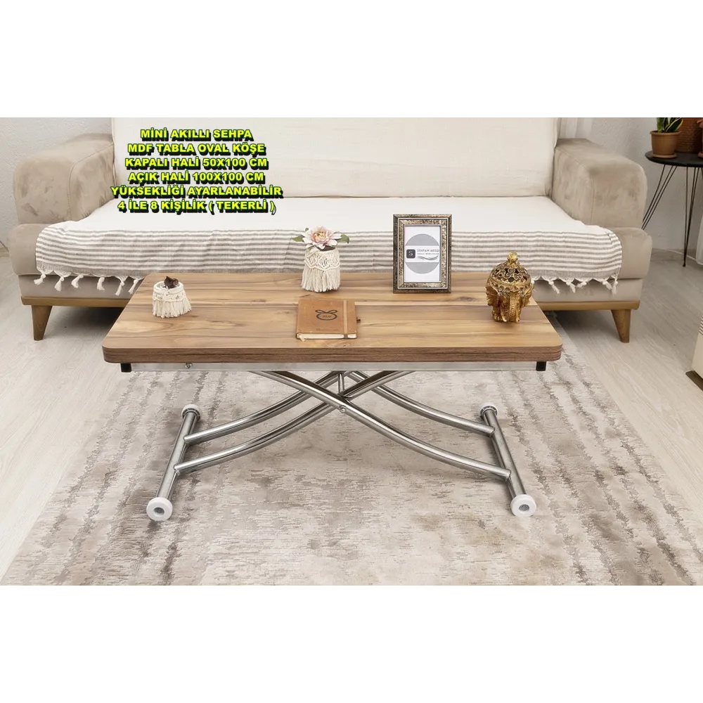 Mini Juppo İçe K Akıllı Sehpa Üst Tabla Mdf Urartu Oval Köşe Alt Ayak Krom Kaplama