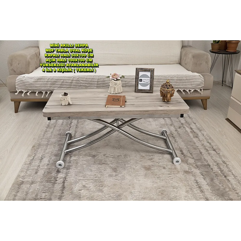 Mini Juppo İçe K Akıllı Sehpa Üst Tabla Mdf Floransa Oval Köşe Alt Ayak Krom Kaplama