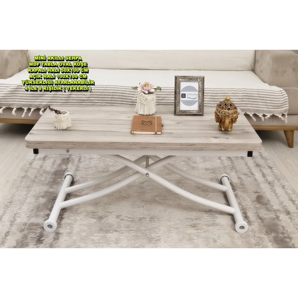 Mini Juppo İçe K Akıllı Sehpa Üst Tabla Mdf Floransa Oval Köşe Alt Ayak Beyaz Renk