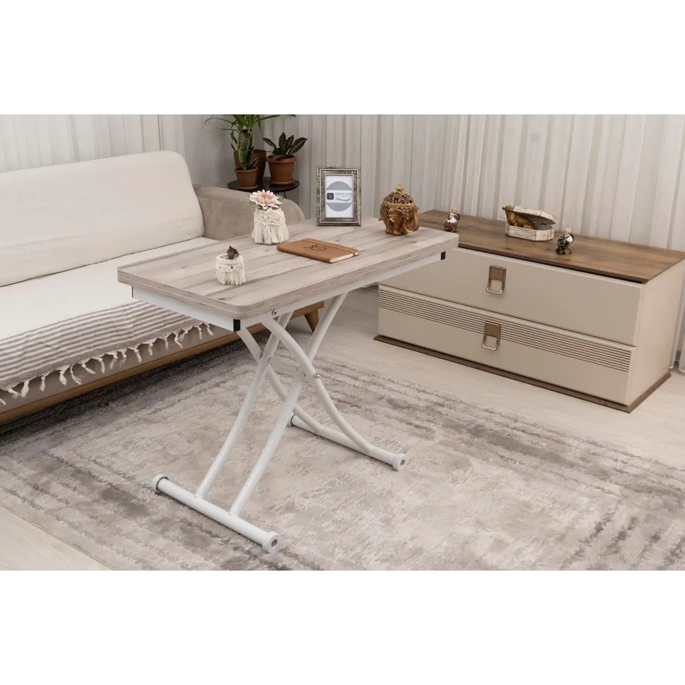 Mini Juppo İçe K Akıllı Sehpa Üst Tabla Mdf Floransa Oval Köşe Alt Ayak Beyaz Renk