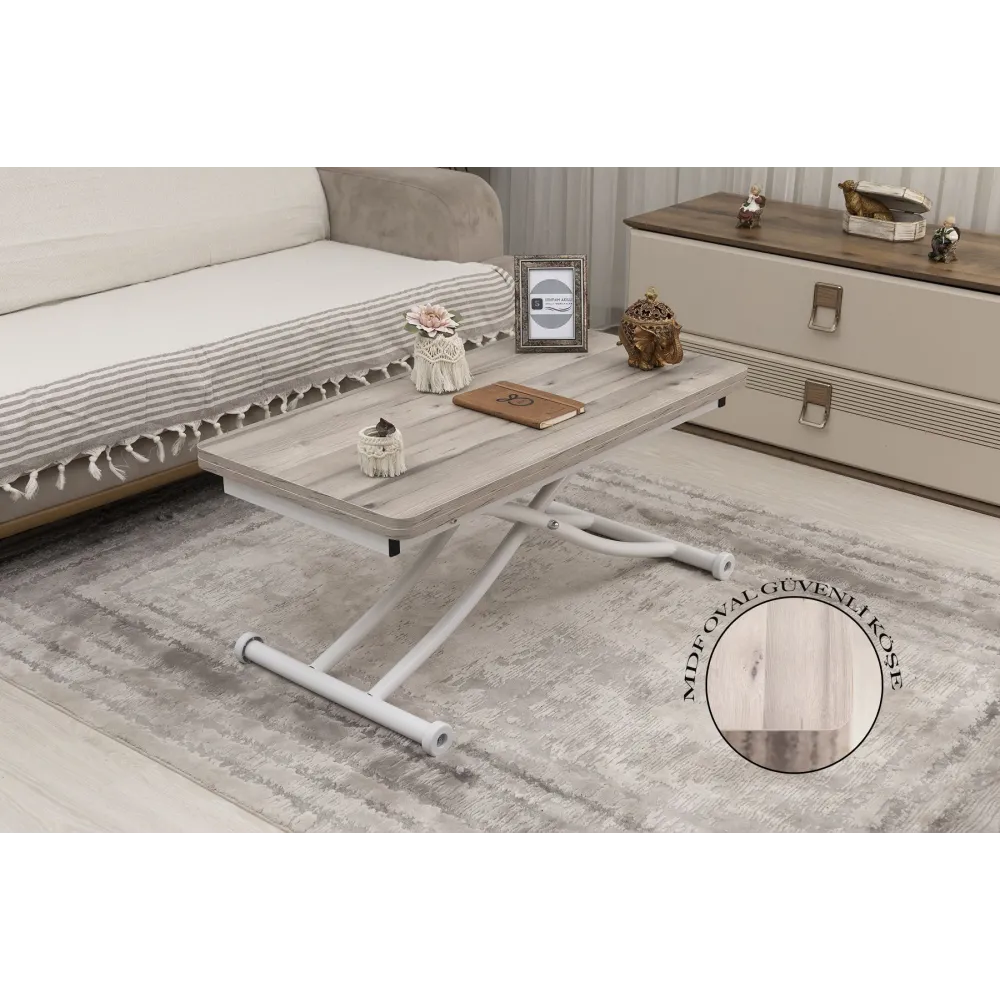 Mini Juppo İçe K Akıllı Sehpa Üst Tabla Mdf Floransa Oval Köşe Alt Ayak Beyaz Renk