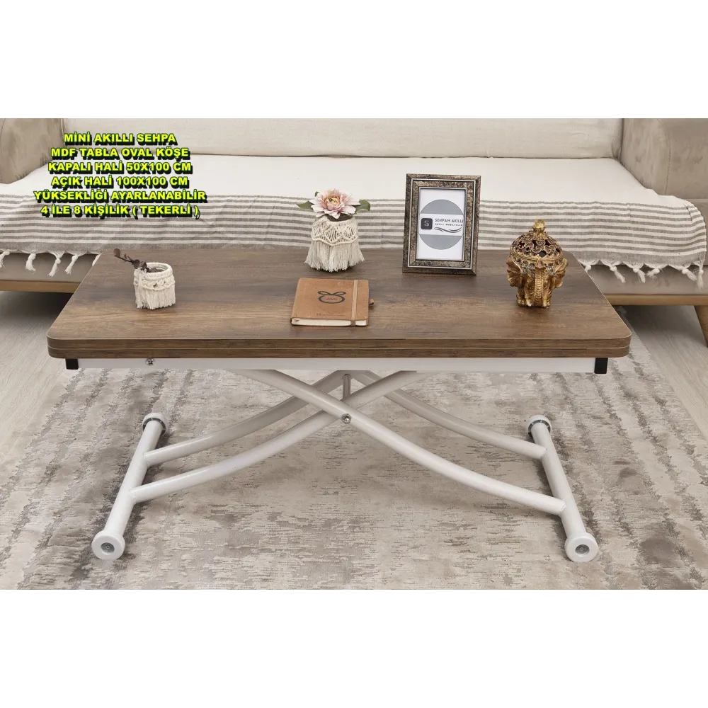 Mini Juppo İçe K Akıllı Sehpa Üst Tabla Mdf Barok Koyu Ceviz Oval Köşe Alt Ayak Beyaz Renk