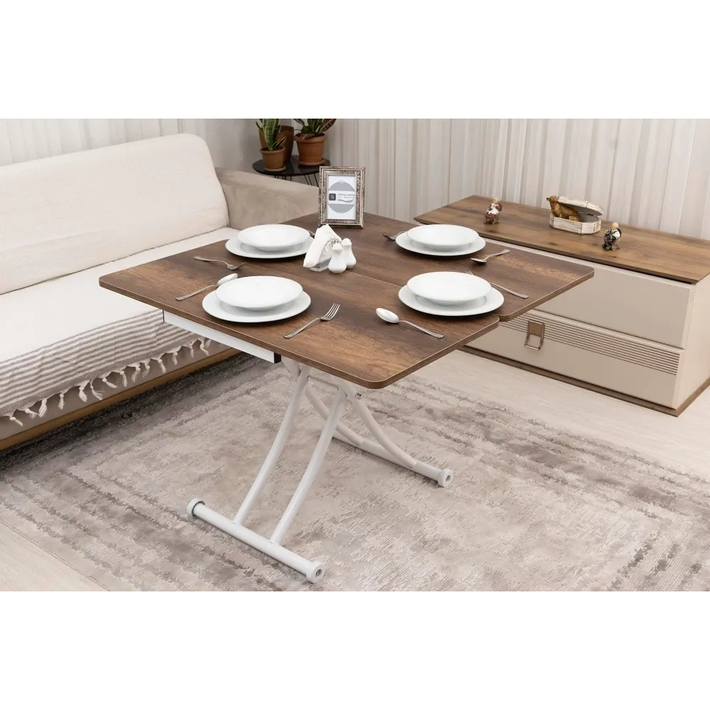 Mini Juppo İçe K Akıllı Sehpa Üst Tabla Mdf Barok Koyu Ceviz Oval Köşe Alt Ayak Beyaz Renk