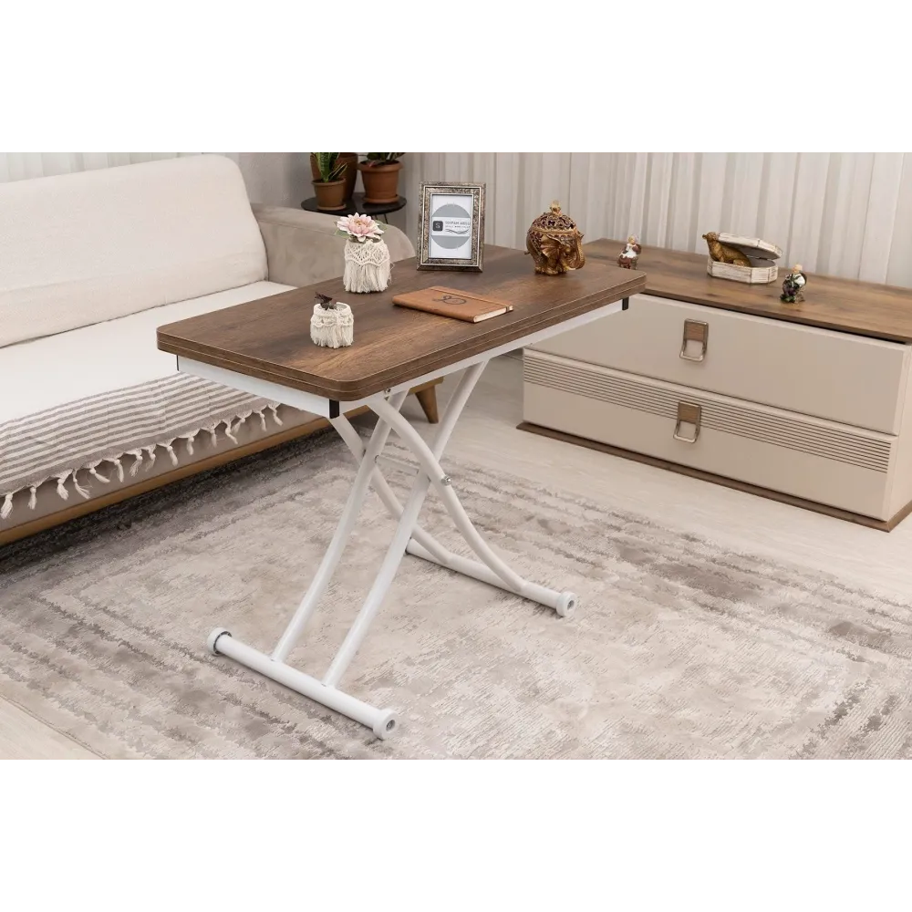 Mini Juppo İçe K Akıllı Sehpa Üst Tabla Mdf Barok Koyu Ceviz Oval Köşe Alt Ayak Beyaz Renk