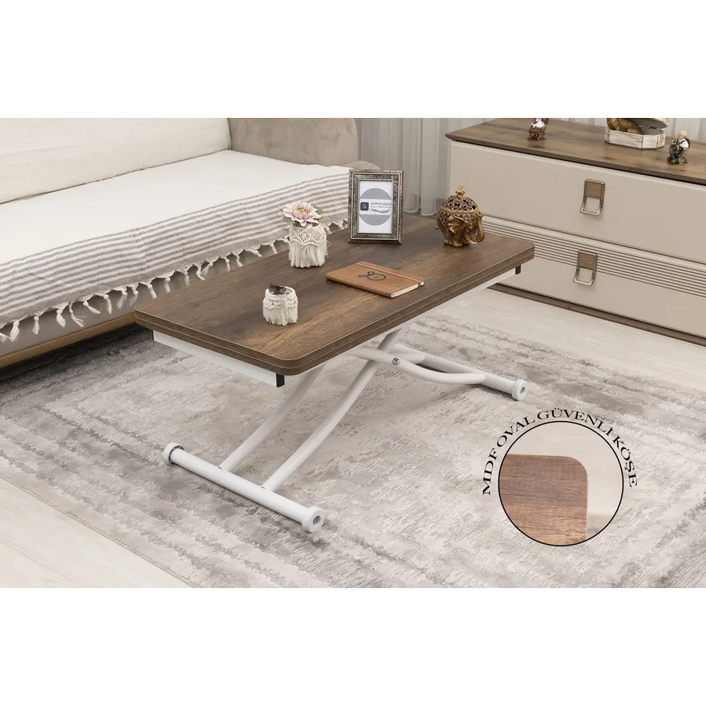 Mini Juppo İçe K Akıllı Sehpa Üst Tabla Mdf Barok Koyu Ceviz Oval Köşe Alt Ayak Beyaz Renk