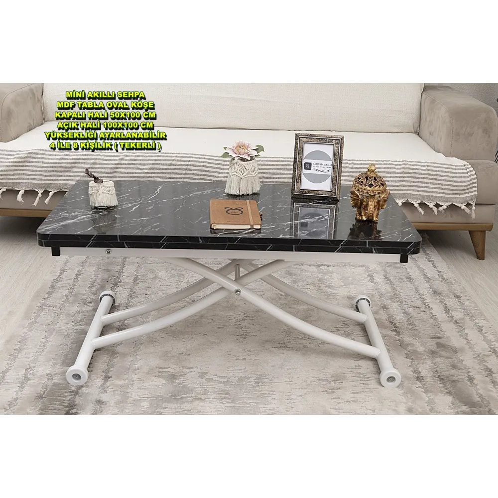 Mini Juppo İçe K Akıllı Sehpa Üst Tabla Mdf Siyah Mermer Oval Köşe Alt Ayak Beyaz Renk