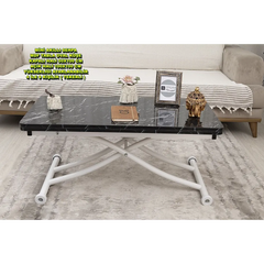 Mini Juppo İçe K Akıllı Sehpa Üst Tabla Mdf Siyah Mermer Oval Köşe Alt Ayak Beyaz Renk