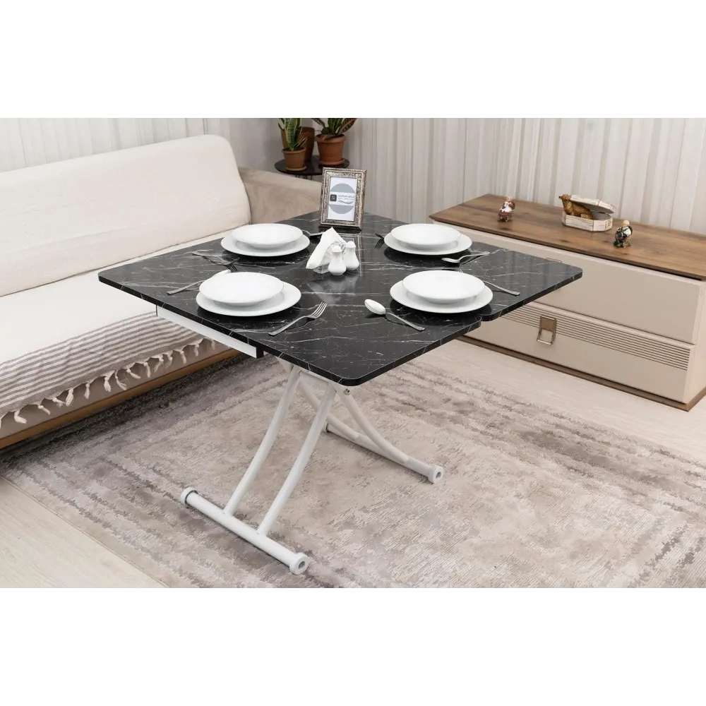 Mini Juppo İçe K Akıllı Sehpa Üst Tabla Mdf Siyah Mermer Oval Köşe Alt Ayak Beyaz Renk