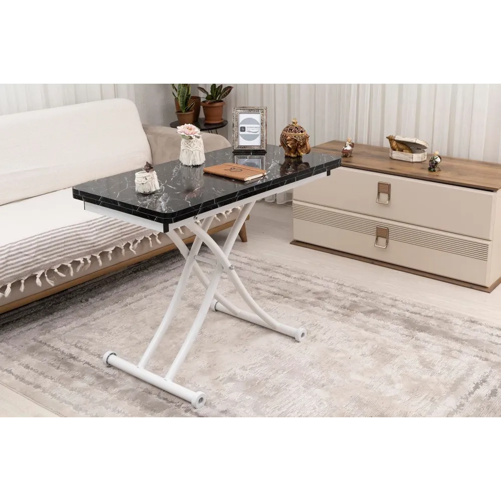 Mini Juppo İçe K Akıllı Sehpa Üst Tabla Mdf Siyah Mermer Oval Köşe Alt Ayak Beyaz Renk