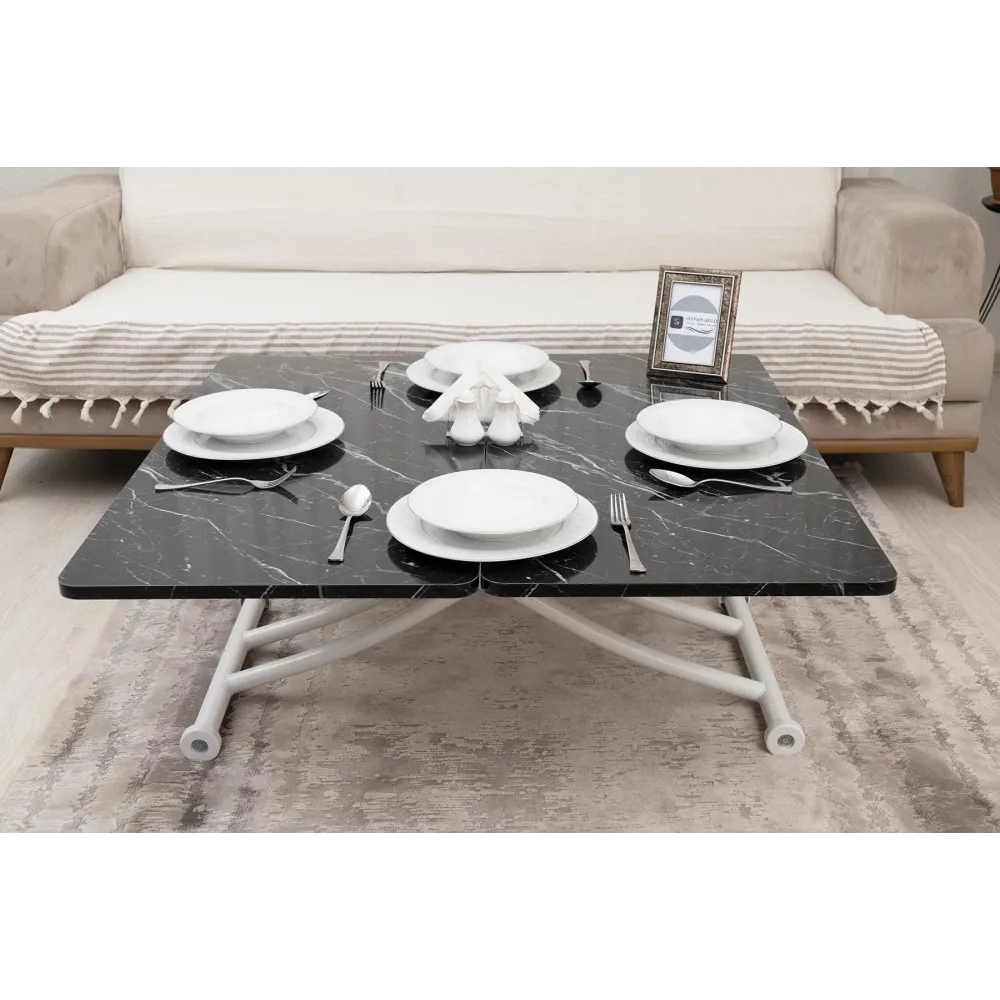 Mini Juppo İçe K Akıllı Sehpa Üst Tabla Mdf Siyah Mermer Oval Köşe Alt Ayak Beyaz Renk