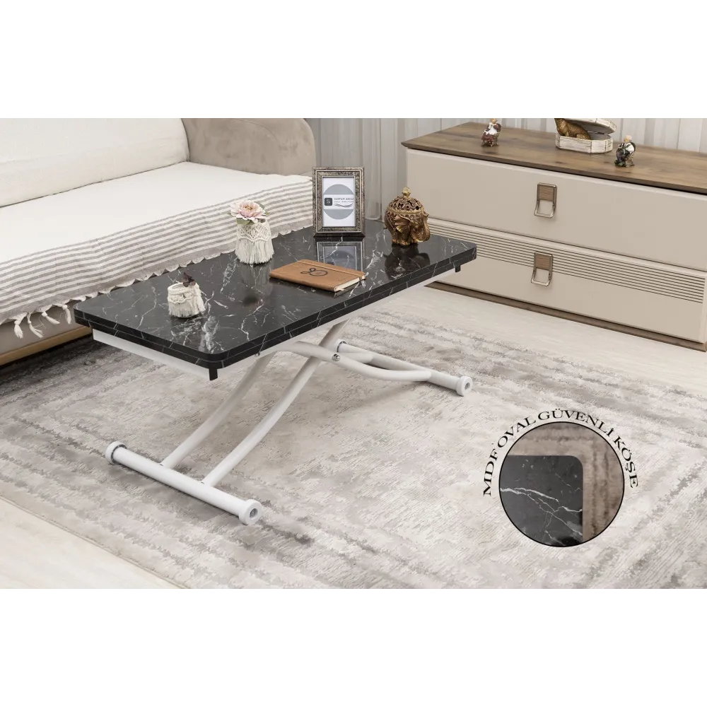 Mini Juppo İçe K Akıllı Sehpa Üst Tabla Mdf Siyah Mermer Oval Köşe Alt Ayak Beyaz Renk
