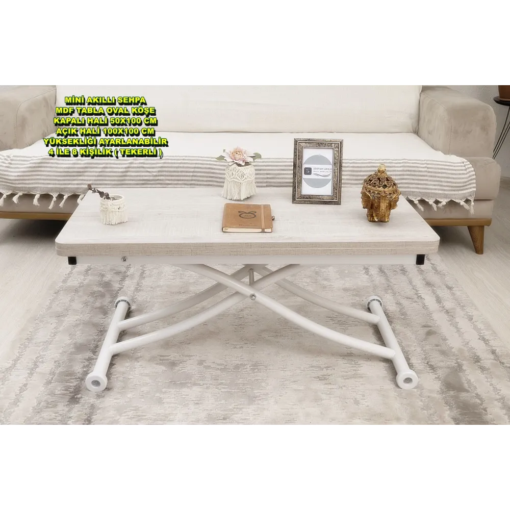 Mini Juppo İçe K Akıllı Sehpa Üst Tabla Mdf Lizbon Oval Köşe Alt Ayak Beyaz Renk