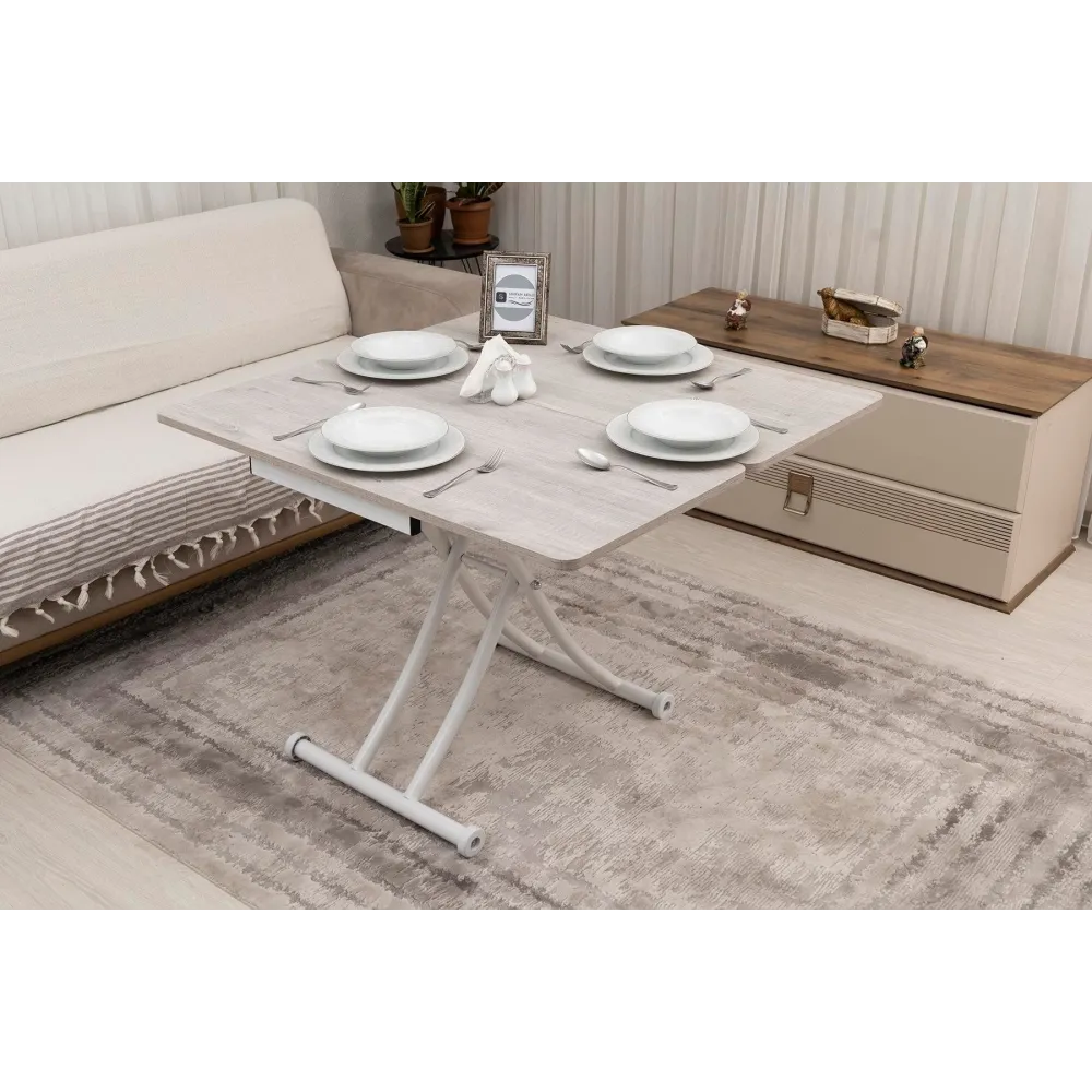 Mini Juppo İçe K Akıllı Sehpa Üst Tabla Mdf Lizbon Oval Köşe Alt Ayak Beyaz Renk