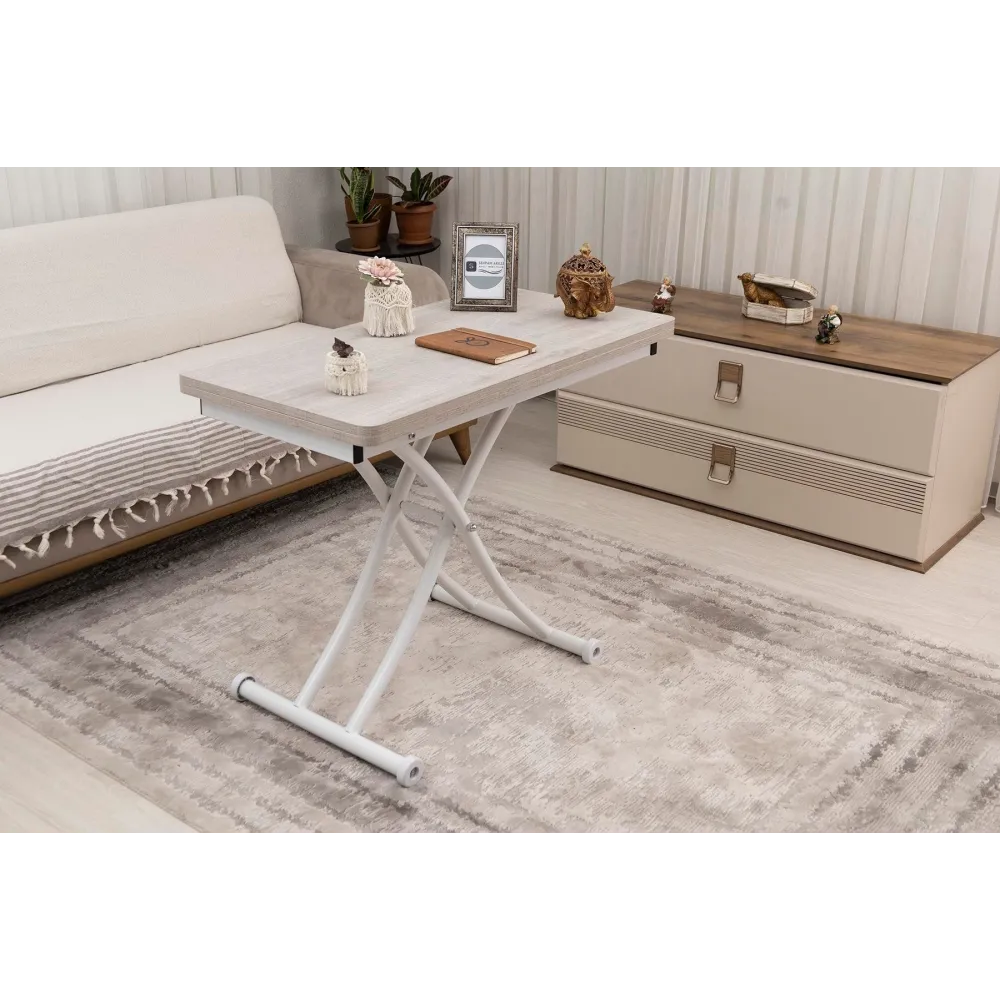 Mini Juppo İçe K Akıllı Sehpa Üst Tabla Mdf Lizbon Oval Köşe Alt Ayak Beyaz Renk