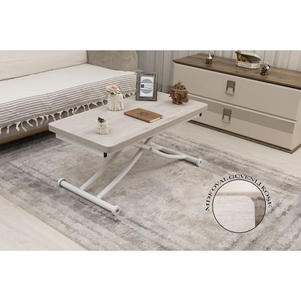 Mini Juppo İçe K Akıllı Sehpa Üst Tabla Mdf Lizbon Oval Köşe Alt Ayak Beyaz Renk