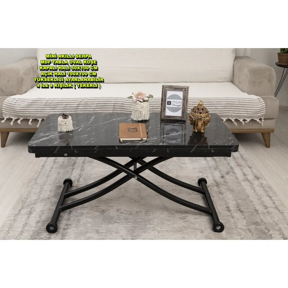 Mini Juppo İçe K Akıllı Sehpa Üst Tabla Mdf Siyah Mermer Oval Köşe Alt Siyah Renk