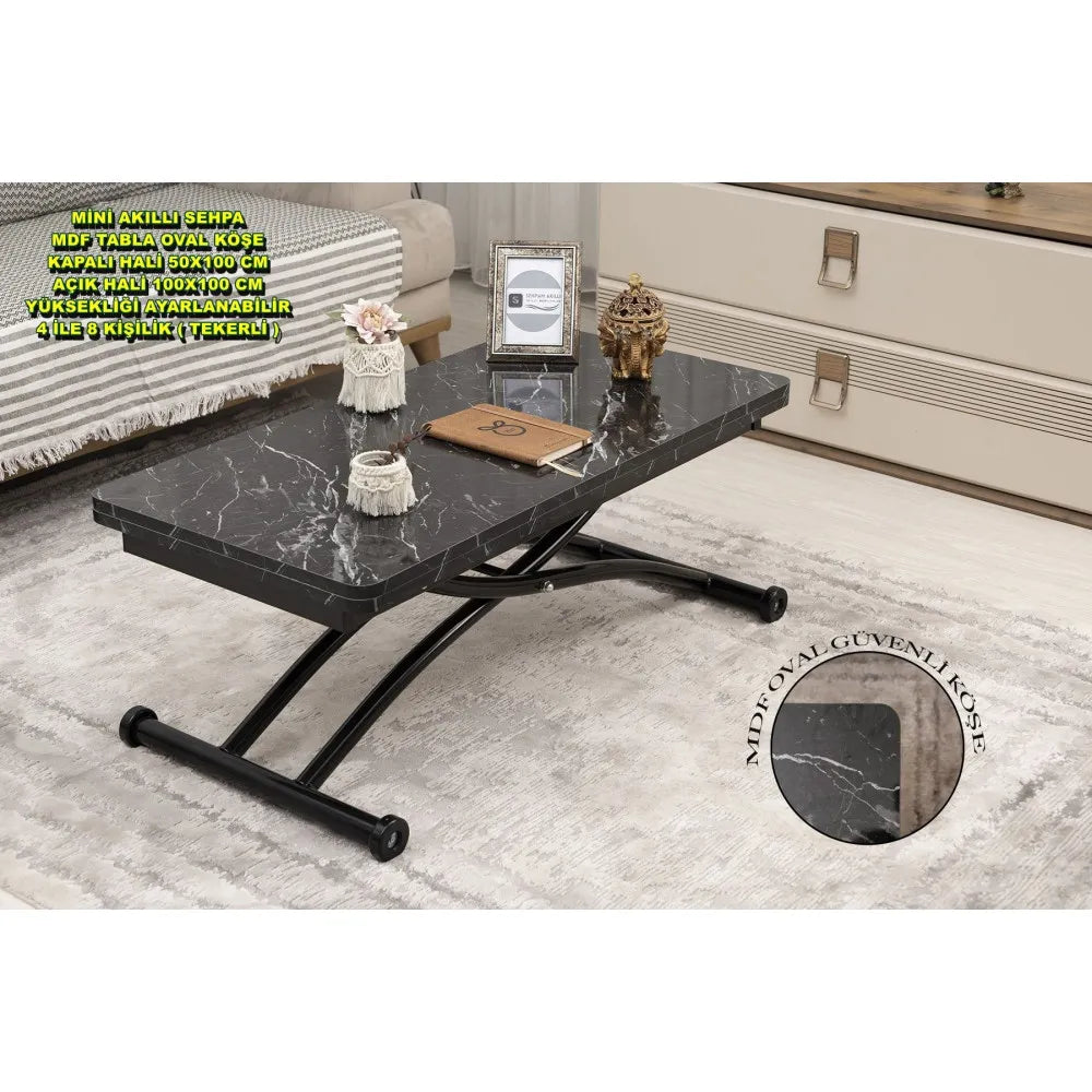 Mini Juppo Dışa K Akıllı Sehpa Üst Tabla Mdf Siyah Mermer Oval Köşe Alt Siyah Renk