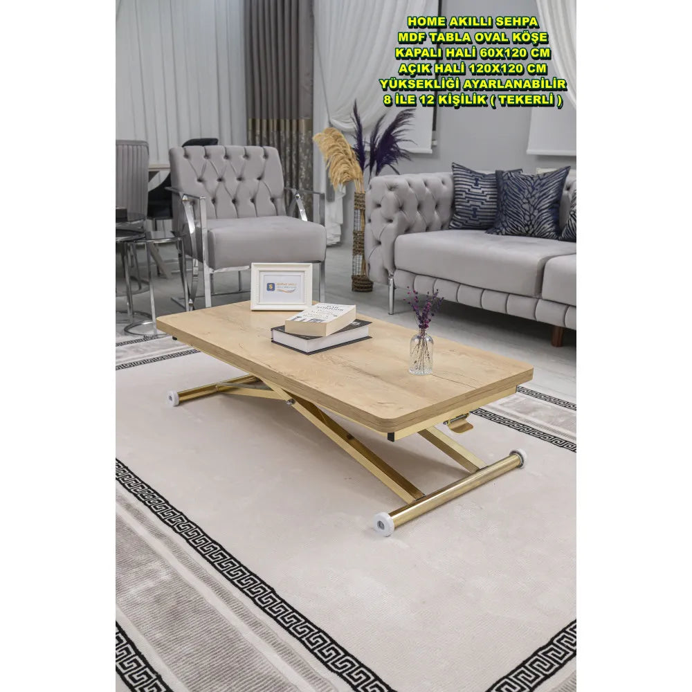 Home Üst Tabla Mdf Veli Meşe Oval Köşe Alt Ayak Gold Kaplama