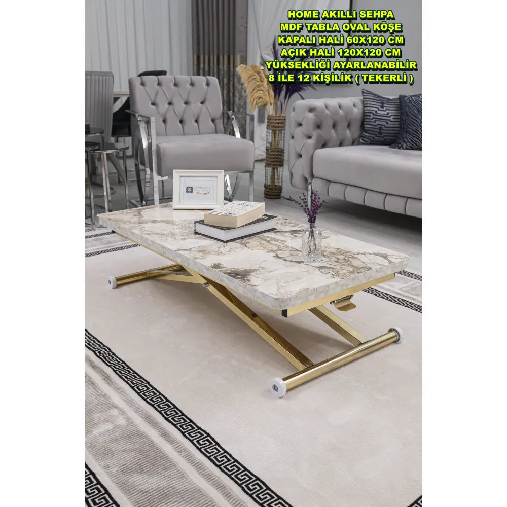 Home Üst Tabla Mdf Beyaz Mermer Oval Köşe Alt Ayak Gold Kaplama