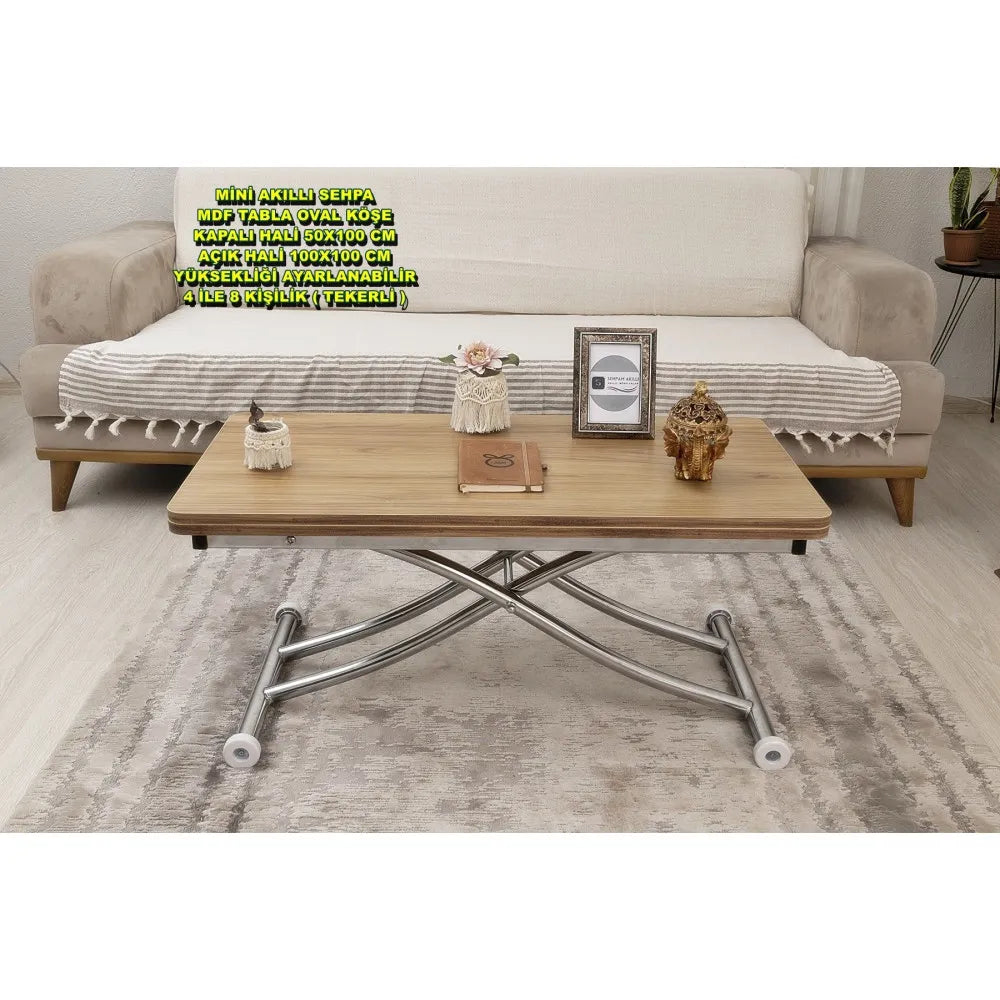 Mini Juppo İçe K Akıllı Sehpa Üst Tabla Mdf Katanya Oval Köşe Alt Krom Kaplama