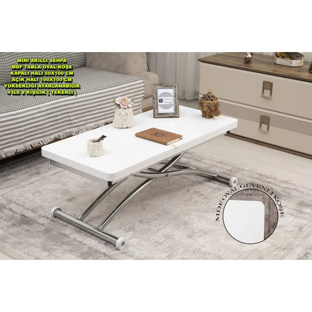 Mini Juppo Dışa K Akıllı Sehpa Üst Tabla Mdf Beyaz Oval Köşe Alt Krom Kaplama