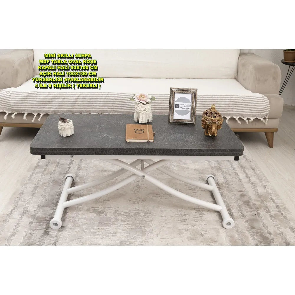 Mini Juppo İçe K Akıllı Sehpa Üst Tabla Mdf Frezeli Antrasit Oval Köşe Alt Beyaz Renk